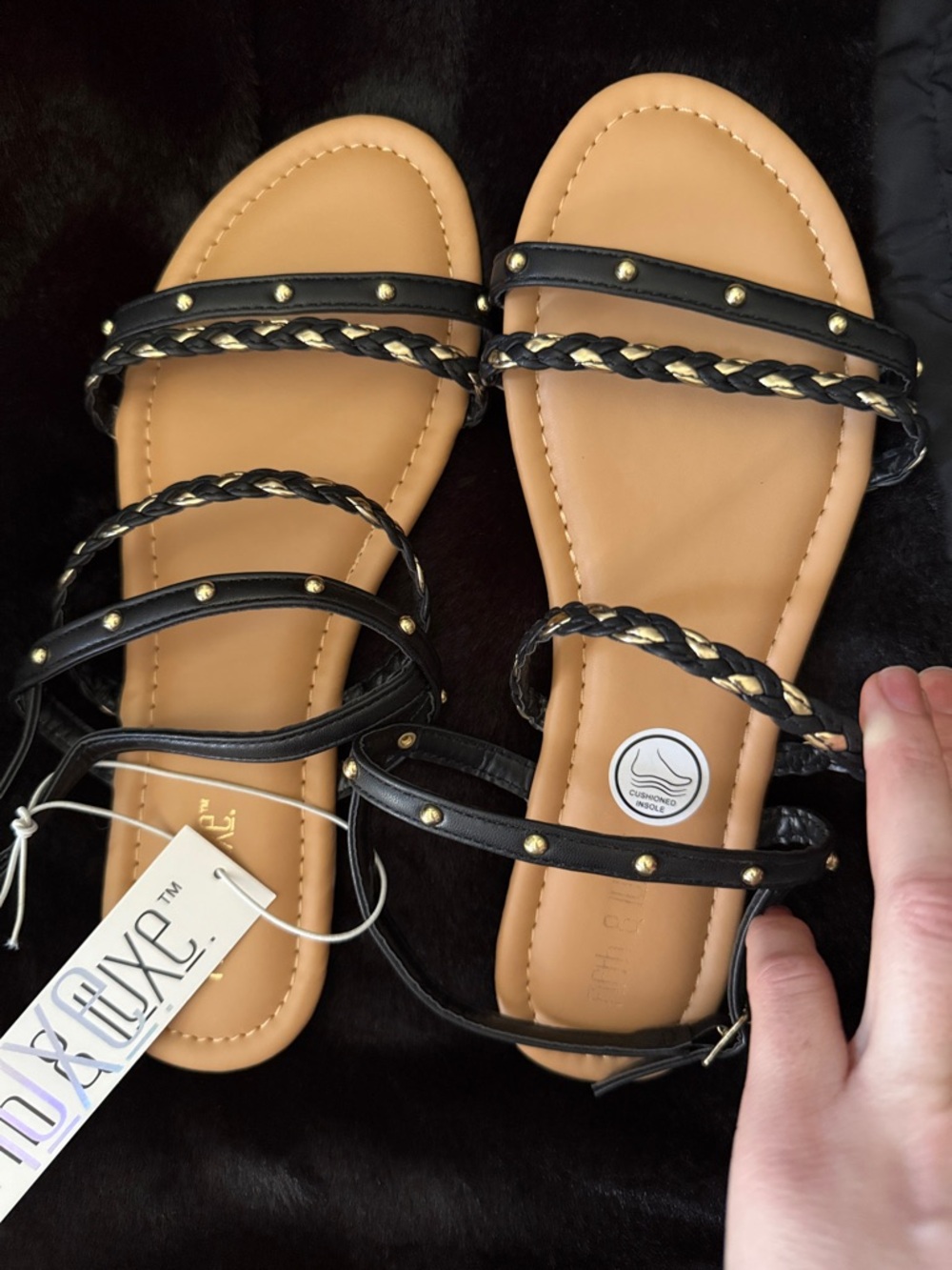 Women's Black Braided Strap Flat Sandals